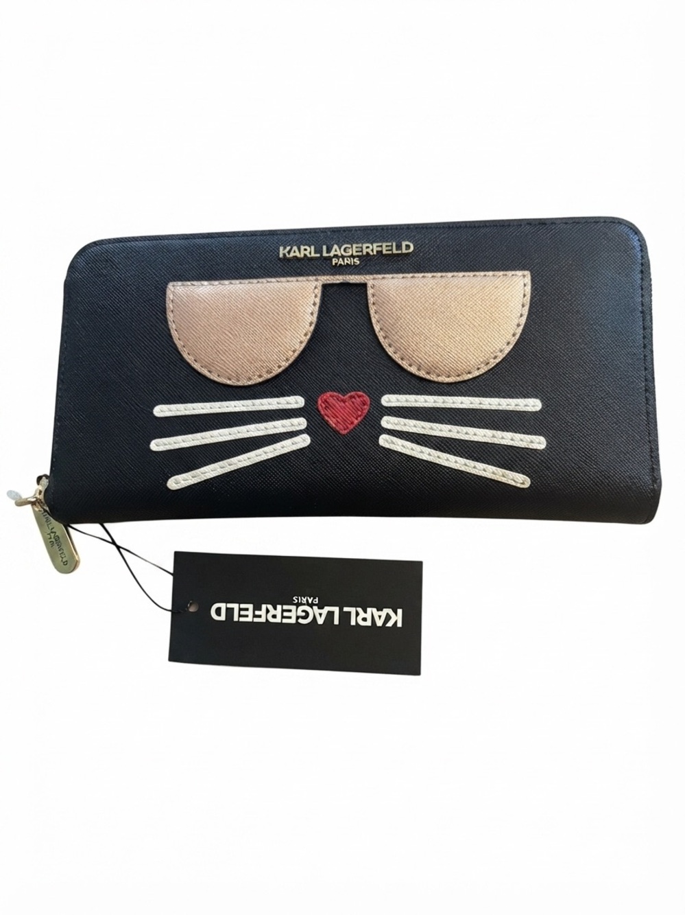 KARL LAGERFELD Maybelle Choupette Cat Continental Saffiano Zip Black Wallet